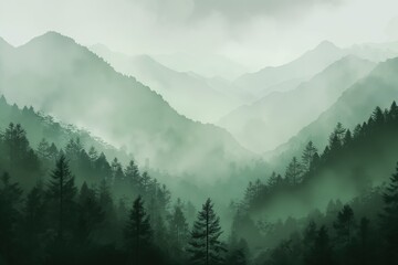 Mysterious misty forest with mountains in the background, green and gray color scheme