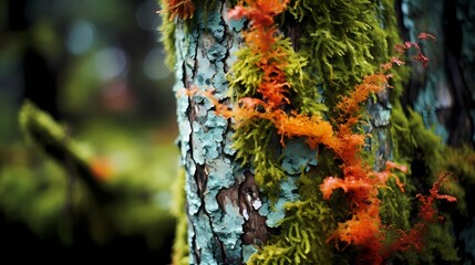 A patch of lichen growing on a tree trunk, its vibrant colors and velvety texture adding life to the forest - obrazy, fototapety, plakaty