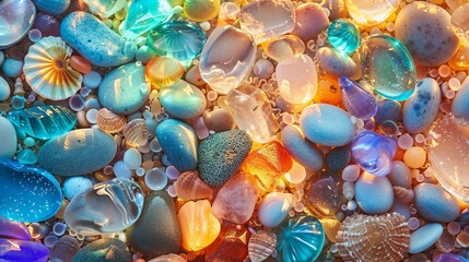 Top view of gleaming sea glass and stones on the beach, a colorful mosaic under soft lighting, capturing summers essence.