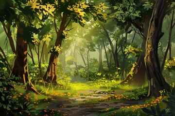 cartoon illustration of an enchanted forest, with sunlight filtering through the trees. A path winds between tall and short tree trunks. - obrazy, fototapety, plakaty