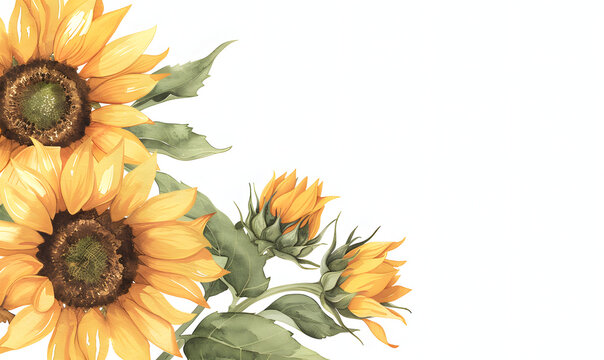 a watercolor illustration of a sunflower corner border, Generative AI