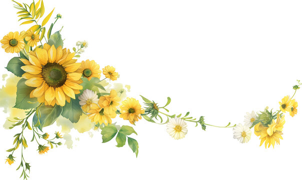 a watercolor illustration of a sunflower corner border, Generative AI