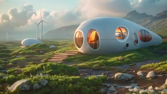 a journey towards sustainable living off the grid, powered by a contemporary renewable energy station equipped with solar panels and wind turbines, delivering clean electricity in a remote area.