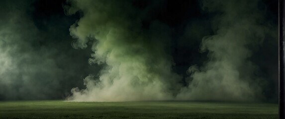 Amidst a green  backdrop, the stadium was shrouded in a dark, toxic fog, casting an eerie shadow over the soccer field.