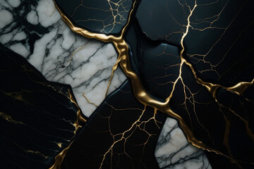 Abstract black and white marble texture with liquid fluid golden veins, luxury marble background