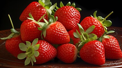 A patch of ripe strawberries, their juicy texture inviting a closer look and a taste of summer sweetness - obrazy, fototapety, plakaty