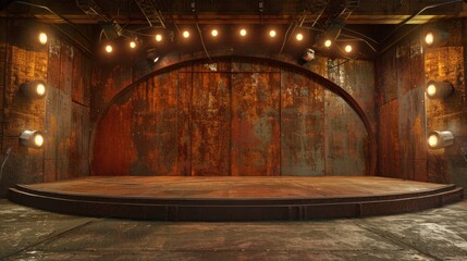 empty 3d rusty metal stage with lights - concert hall 