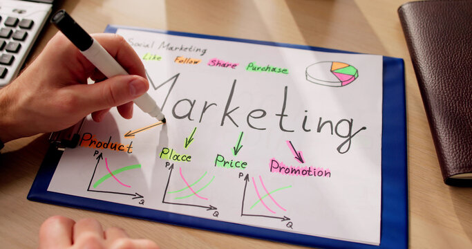 Person Drawing Marketing Strategy On Notebook