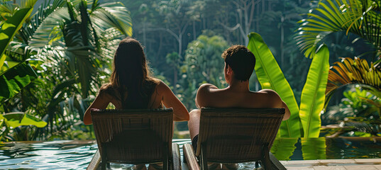 Back View of a Young travelling couple relaxing in the jungle resort hotel 