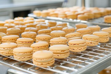 A tray of perfectly shaped macarons cooling on stainless steel racks.