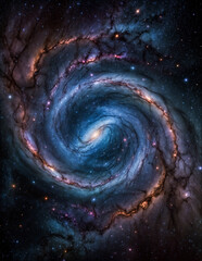 A swirling spiral galaxy with stars and pink and blue nebulae surrounding it. Space background, wallpaper, backdrop.
