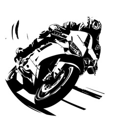 A stylized illustration of a motorbike racer leaning sharply into a high-speed turn, encapsulated within a dynamic, circular red motion blur suggesting rapid movement.