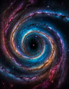 A swirling spiral galaxy with stars and pink and blue nebulae surrounding it. Space background, wallpaper, backdrop.