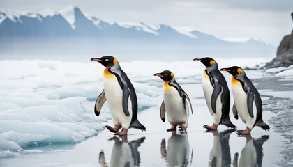 Fototapeta premium A line of king penguins parades on an icy shore, with the stark Antarctic landscape stretching behind them under a gloomy sky. AI Generation