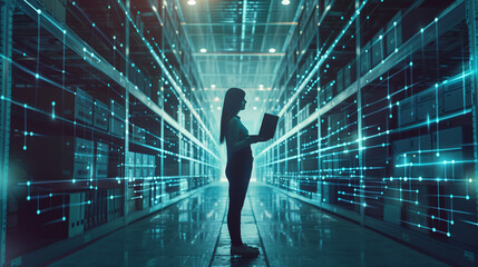 Futuristic Concept of Data Center Chief Technologies Officer Holding Laptop, Standing In Warehouse, Information Digitalization Lines Streaming Through Servers, SAAS, Cloud Computing, Web Site Service.