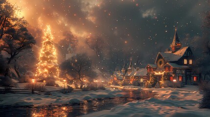 A picturesque Merry Christmas background with a snow-covered village, twinkling lights, and a...
