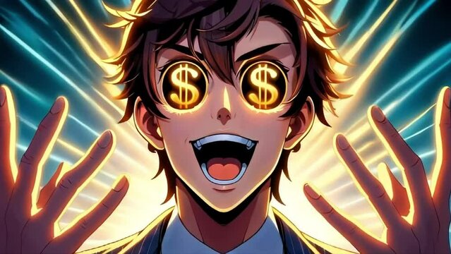 An animated character with glowing dollar signs instead of eyes shows extreme emotion, greed concept.