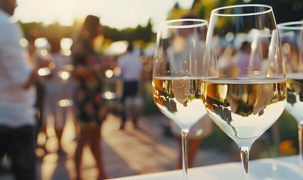glasses of white wine and people in the background, Generative AI - Powered by Adobe