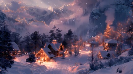 A picturesque snow-covered village with houses adorned with Christmas lights, smoke rising from chimneys, and a starry night sky above