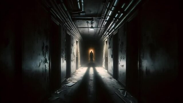 A person is standing motionless in the center of a dimly lit hallway, creating an eerie atmosphere.