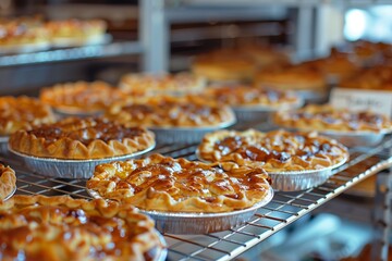 Freshly baked pies cooling on wire racks in a modern bakery.