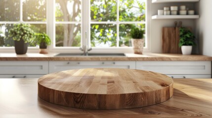 Fototapeta premium Empty beautiful round wood tabletop counter on interior in clean and bright kitchen background