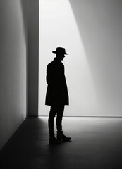 Silhouette noire d'un hommeé, fond blanc, art minimaliste.