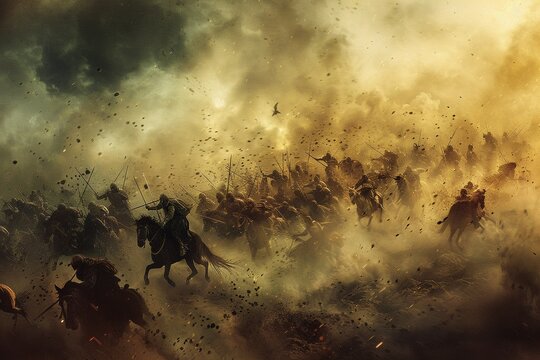 Battle scene, dynamic clash, strife amid dust clouds, intense, 