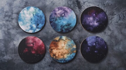 Blank mockup of six round coasters with a watercolor galaxy print. .