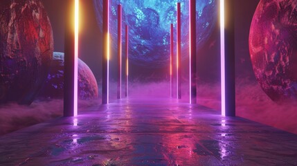 Fototapeta na wymiar 3D Rendered Stage Under Alien Skies - Futuristic Dancefloor Party Place