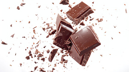 Chocolate bar crushed in the air isolated on a white background