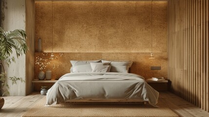 A serene bedroom with a cork wall covering that adds a natural earthy element to the space while providing insulation from outside noise. The muted color palette and minimalistic design .