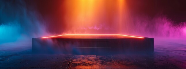 Background podium 3D light neon platform stage. Scene background 3D podium dark pedestal room glow studio empty stand floor night