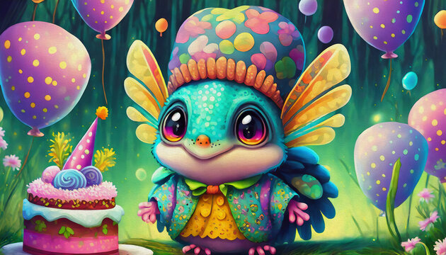 OIL PAINTING STYLE CARTOON CHARACTER multicolored happy baby mosquito, with birthday cake