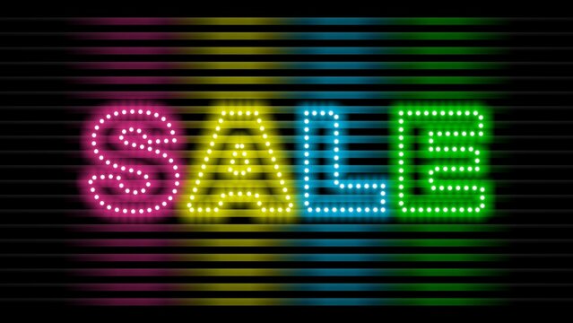 Big bright letters SALE glowing with neon colorful LEDs on a black wall