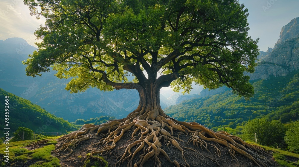 Poster a large tree with its roots spread out in the dirt. the tree is surrounded by mountains and the sky.