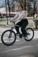 A young adult enjoys a bike ride in the park, showcasing a healthy, active lifestyle and leisure activity.