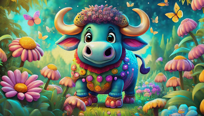 OIL PAINTING STYLE Buffalo cartoon character with flowers and butterflies at a meadow, animal,