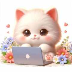 a cute kitten using laptop, very cute, kawaii, smiling, flowers, white background