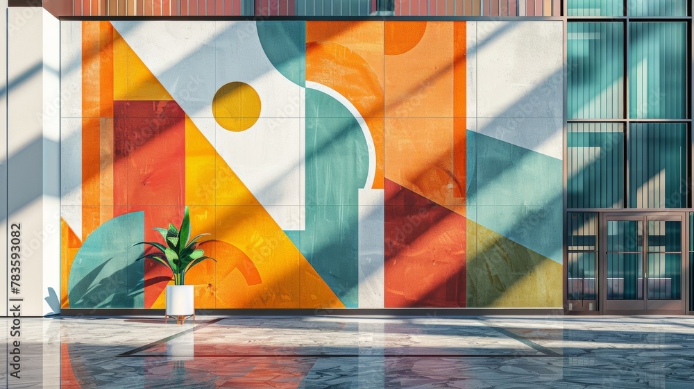 Poster blank mockup of a building mural displaying a captivating abstract design made up of intricate geome