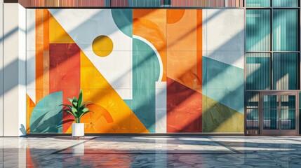 Blank mockup of a building mural displaying a captivating abstract design made up of intricate geometric patterns. .