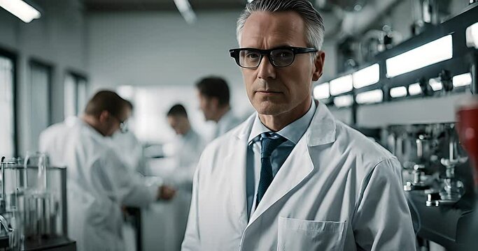 A mature scientist with grey hair and glasses stands confidently in a bustling laboratory environment