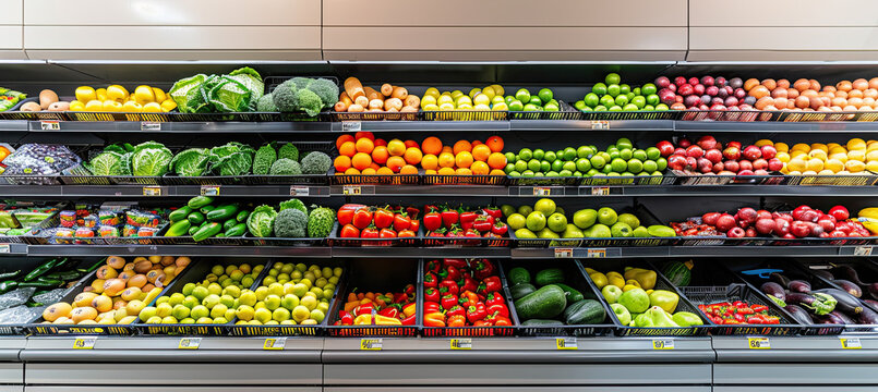 Front view of a Fresh fruits and vegetables on shelf in supermarket