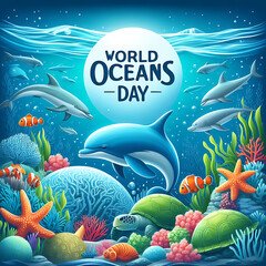 A poster for World Oceans Day featuring sea creatures such as dolphins, corals, sharks, and...