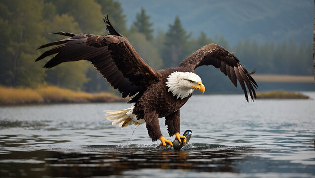 An eagle is flying above a lake with a fish in its talons