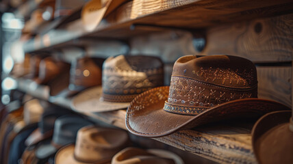A variety of cowboy hats on a shelf.