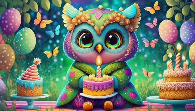 oil painting style cartoon character, Multicolored happy baby an owl, with birthday cake,