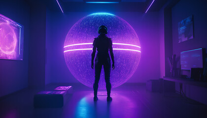 A person in a purple room playing a virtual game with VR goggles on their head. Generative AI.

