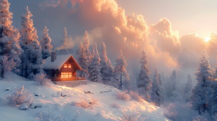A rustic Merry Christmas background with a wooden cabin in a snowy forest, smoke rising from the chimney, and a cozy glow emanating from the windows - obrazy, fototapety, plakaty