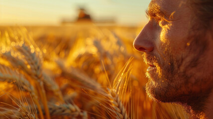 Man gazing over a wheat field at sunset - obrazy, fototapety, plakaty